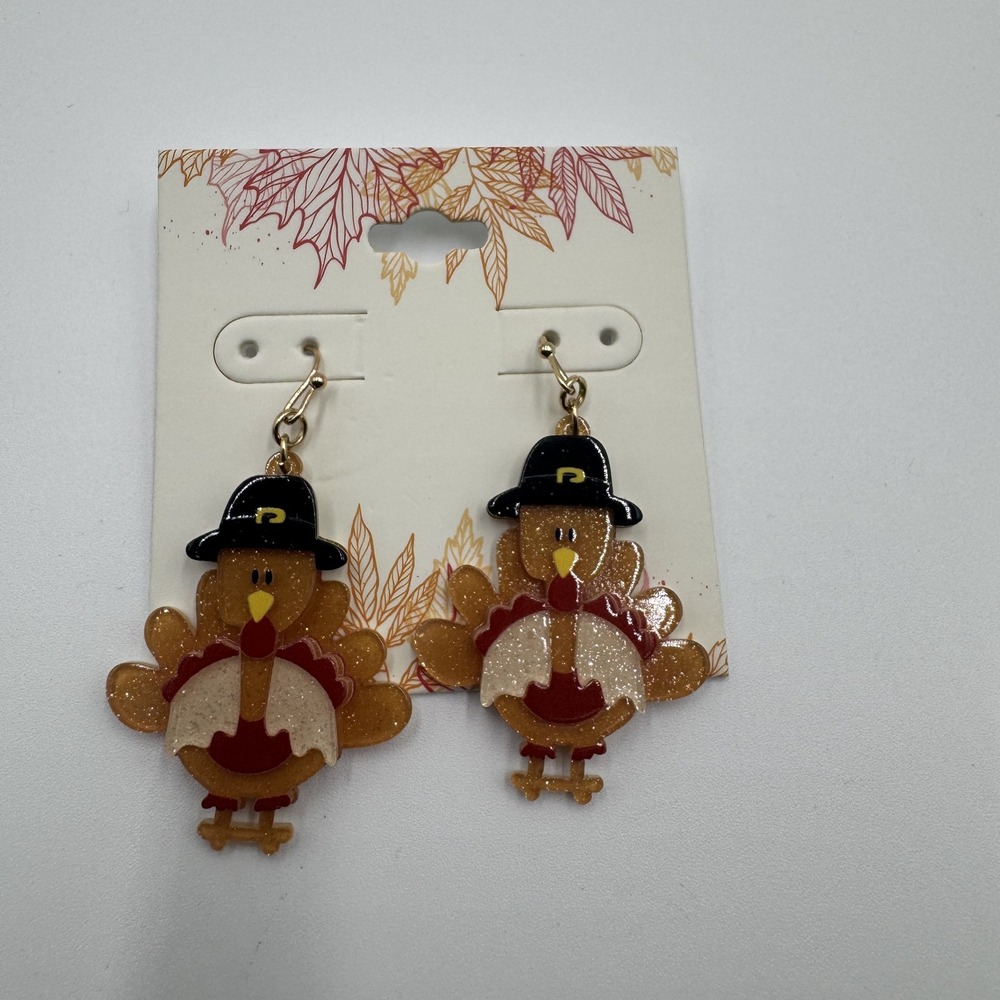 Thanksgiving Pilgrim Turkey Drop Earrings Glitter NWT